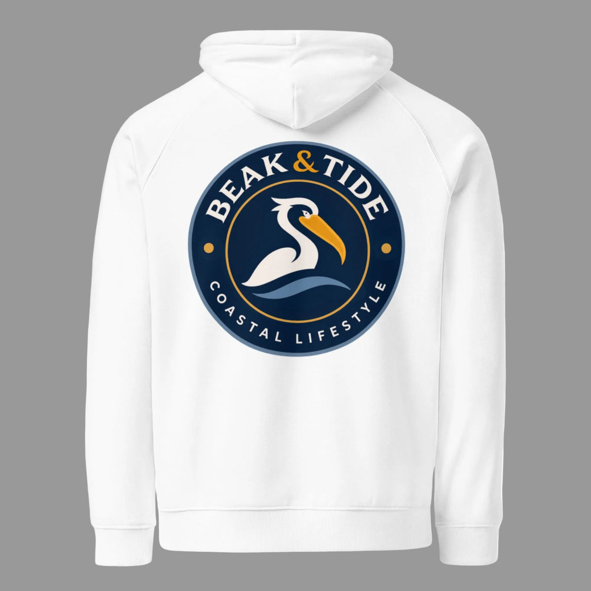 Product mockup of a men's white hoodie sweatshirt with a large, circular 'Beak & Tide' logo on the back.