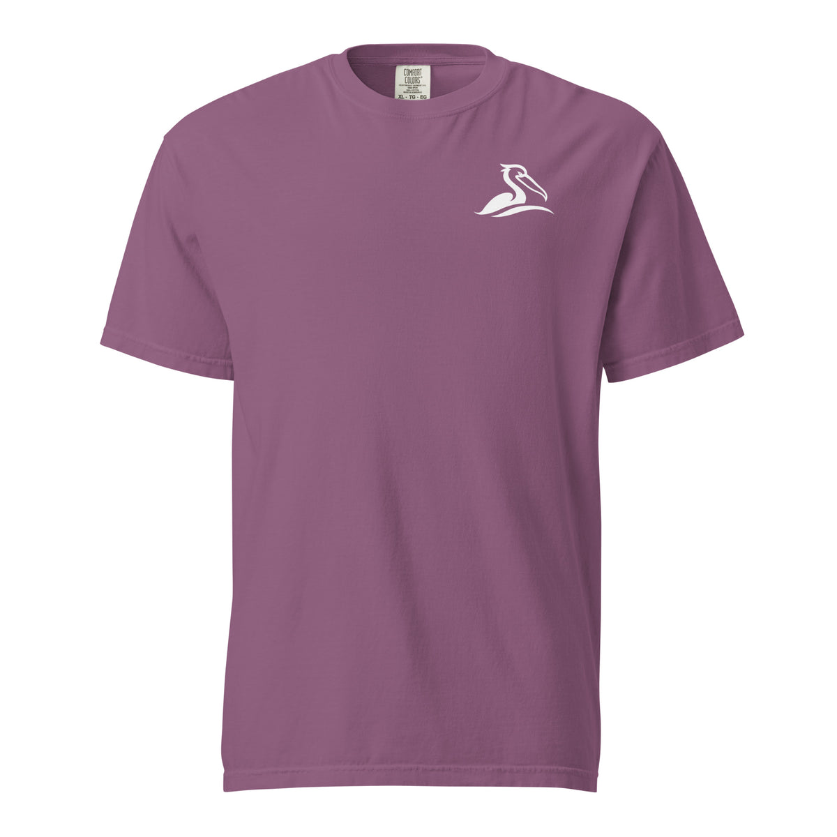 Product mockup of a berry colored short-sleeve t-shirt with a small white Beak & Tide pelican logo on the left chest.