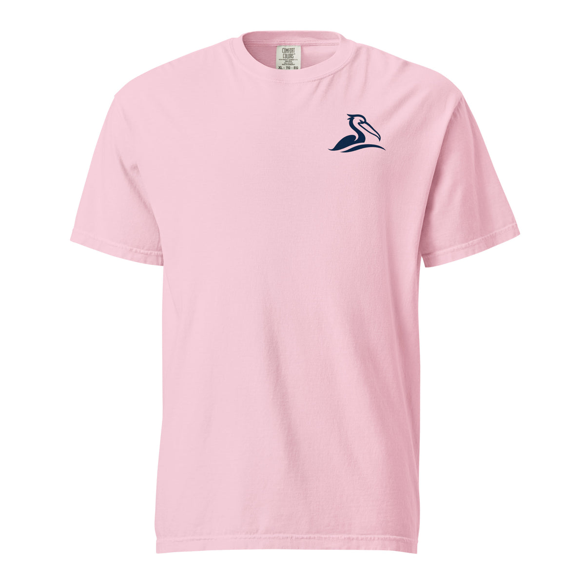 Product mockup of blossom colored t-shirt with a navy blue Beak & Tide pelican logo on the left chest.