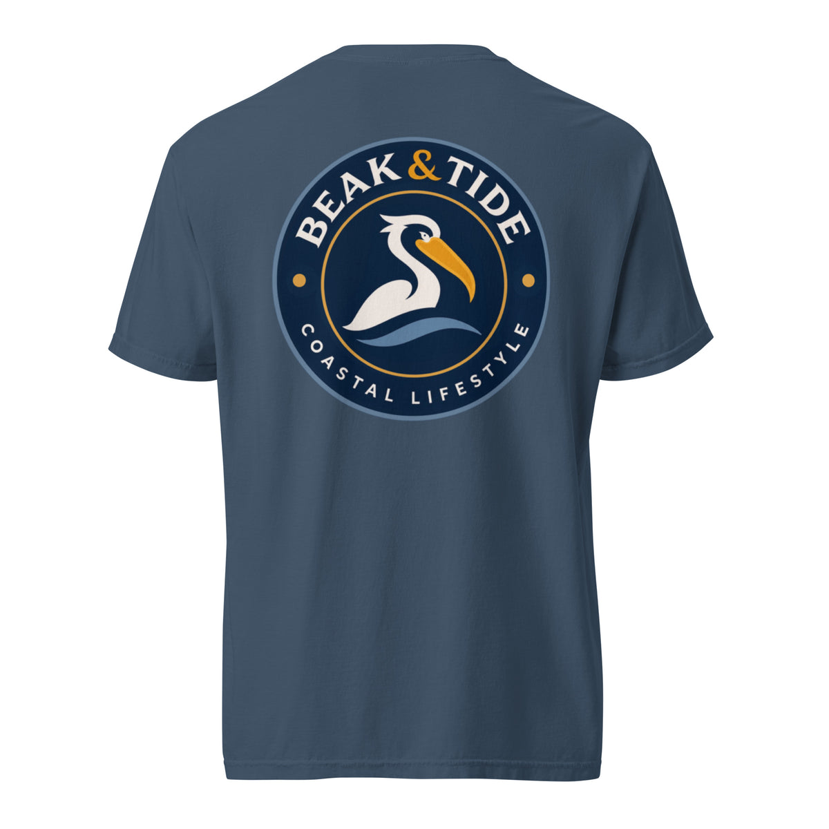 Product mockup of a midnight blue colored short-sleeve t-shirt with a large navy blue Beak & Tide pelican logo on the back.