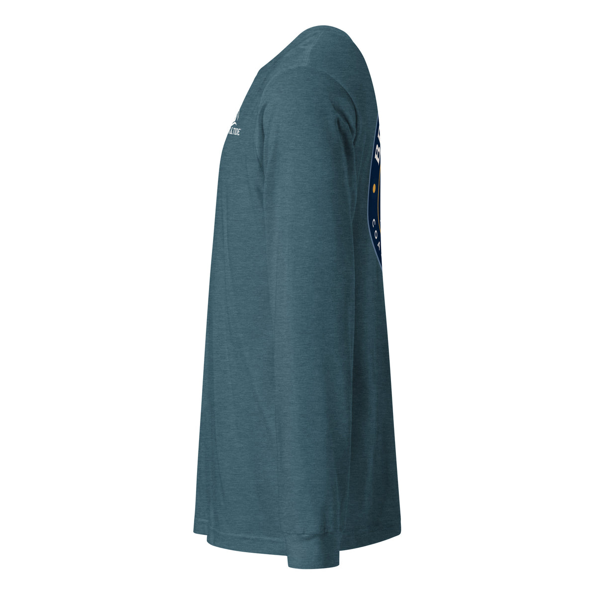 Product mockup of a heather deep teal long-sleeve t-shirt with a large navy blue 'Beak & Tide' logo on the back, side view.