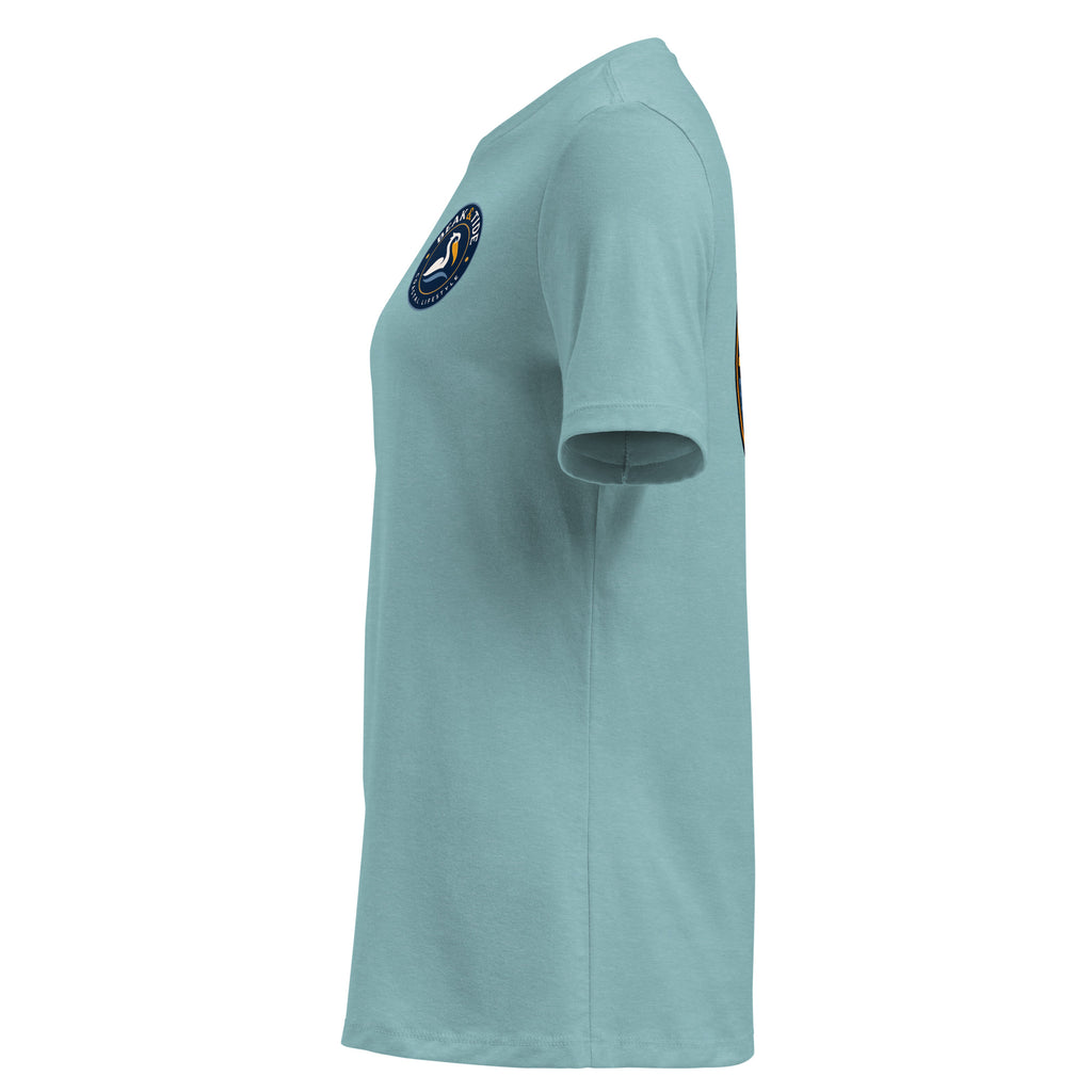 Product mockup of a heather blue lagoon colored t-shirt with a small circular graphic on the left chest, side view.