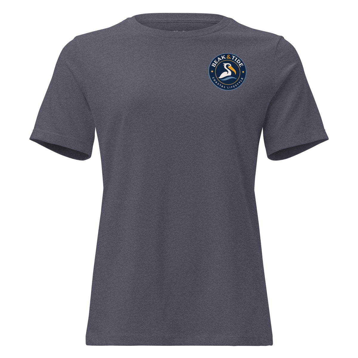 Product mockup of a heather navy graphic t-shirt with a circular Beak & Tide Pelican logo on the left chest.
