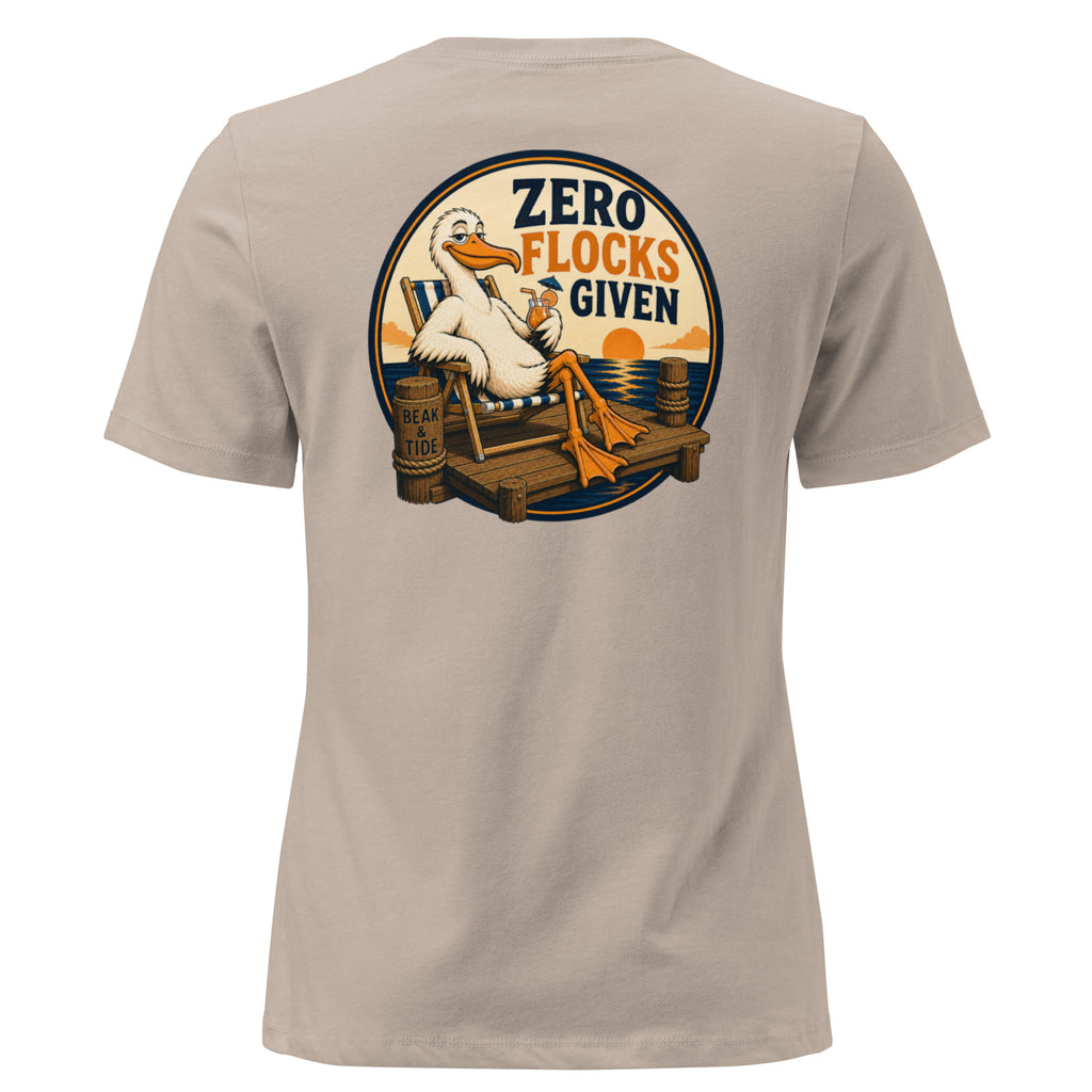 Product mockup of a heather stoned colored graphic t-shirt with a circular Beak & Tide 'Zero Flocks Given' Pelican logo on the back.